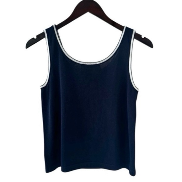 Linda Allard Ellen Tracy Navy with White Trim Sleeveless Scoop Neck Knit Sweater - Picture 5 of 7